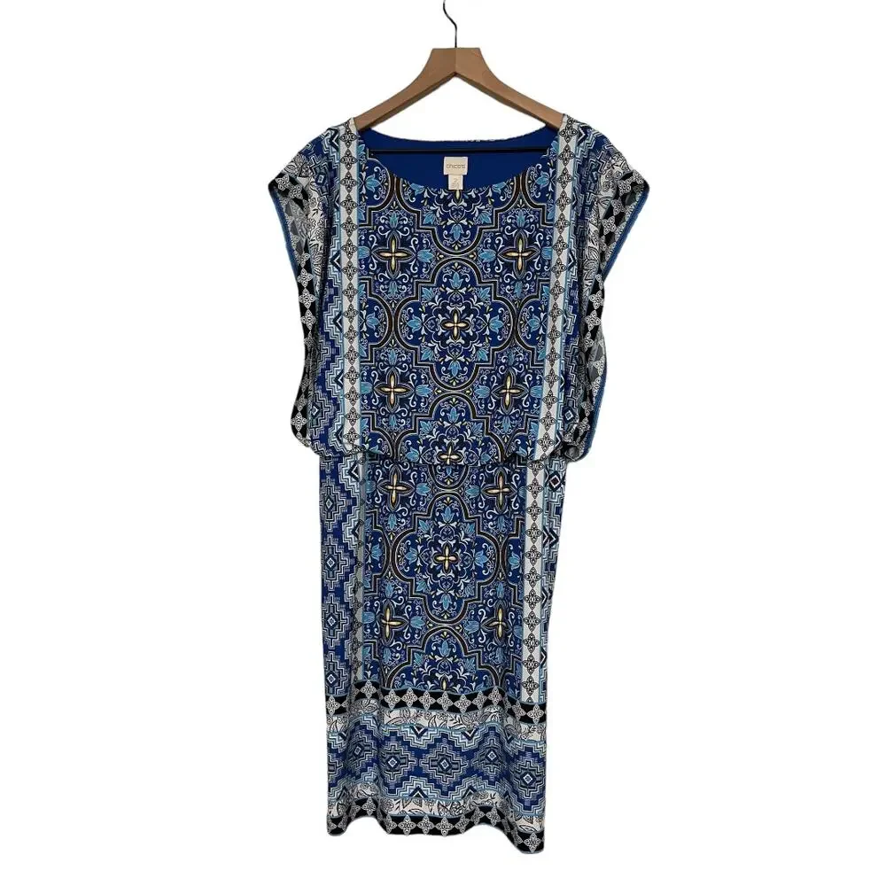 Chicos Womens Blue Blouson Dolman Sleeve Mixed Media Print Dress Size Large